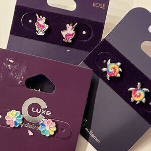 Claire’s & Luxe by Claire’s Colorful Stud Earrings Set – 3 Pairs! 🌸🐢🦄 (w/x)